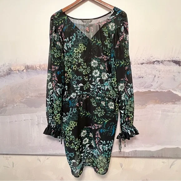 H&M Conscious Beach Cover Up Women Size 12 Floral Drawstring Long Ruffle Sleeve - Picture 8 of 16